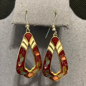 Vintage Cloisonné red dangling pierced earrings